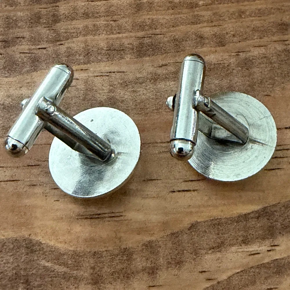 Vintage Silver Tone Red Cabochon Bullseye Cufflinks Mid Century Modern Retro